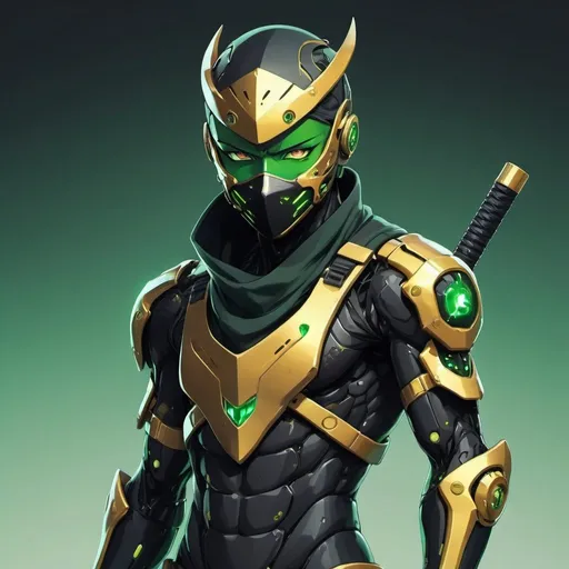 Prompt: Anime cyber ninja with green, black and gold colors