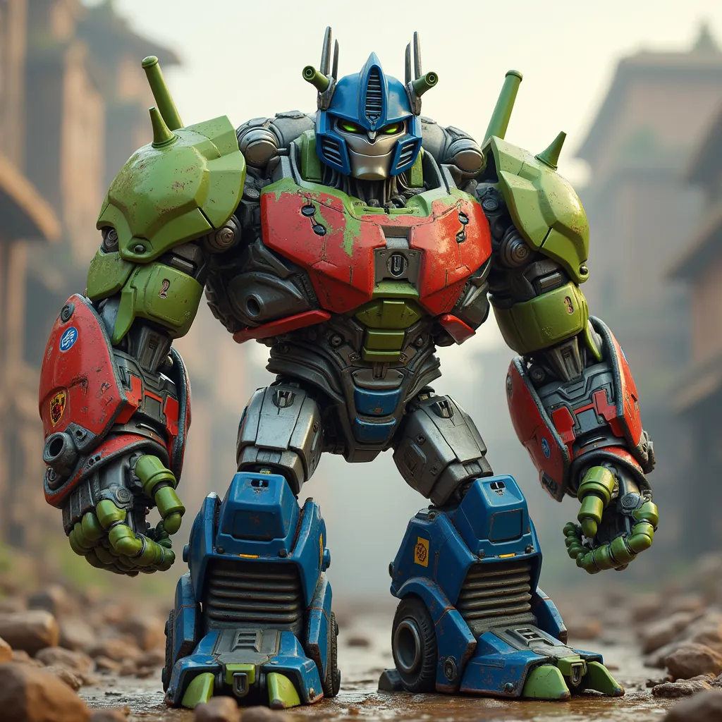 Prompt: A mix of Optimus prime and shrek
