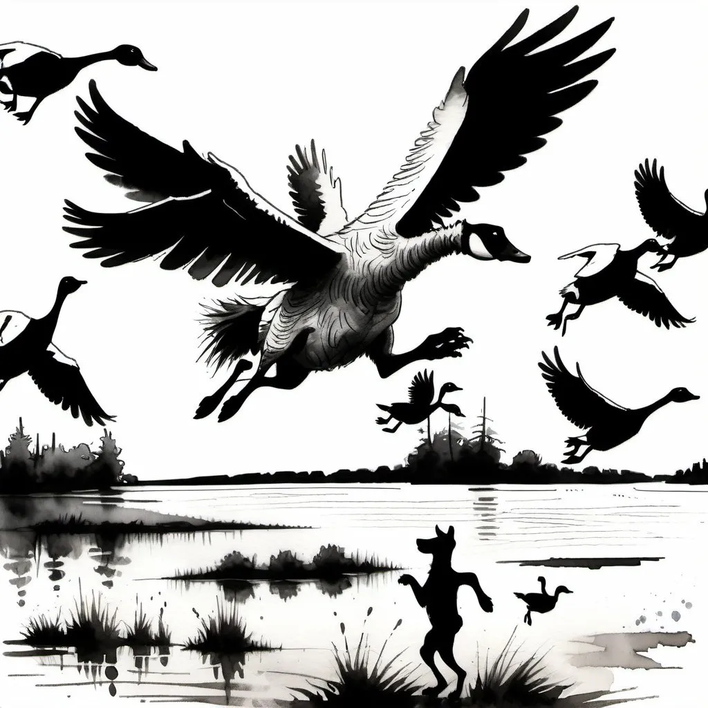 Prompt: A naughty whimsical scruffy dog chasing a pack of geese at a lake, the geese all fly up in the air, squaking and wings out as they lift off. Textured painterly fantasy artistic Cartoon Charcoal sketch loose Watercolour splashes intuitive