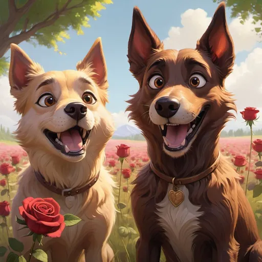 Prompt: Create image featuring two stylized, anthropomorphic dogs with exaggerated facial features that express happiness and camaraderie. The dog on the left has shaggy, dark brown fur, large, round eyes with dilated pupils, and a snout that curves into a relaxed, closed-mouth smile. It appears to rest its elbows forward, supporting its grinning face with upright hands. The dog on the right has bright red, fluffy fur, and its facial expression is wide-eyed and ecstatic with a broad, open-mouthed smile as it holds a single red rose in its teeth. Petals from the rose are scattered around the scene. Both characters have tufts of fur that mimic the appearance of human hair, brows, and beards. The tones used in their fur exhibit soft gradients, adding volume and depth. The background is a soft-focus, pastoral scene, suggesting a grassy meadow with subtle hints of flowers in pastel yellows, pinks, and greens. The lighting of the image is warm, evoking a late afternoon glow that encapsulates the scene in a soft, cheerful ambiance, enhancing the joyful expressions of the characters.
