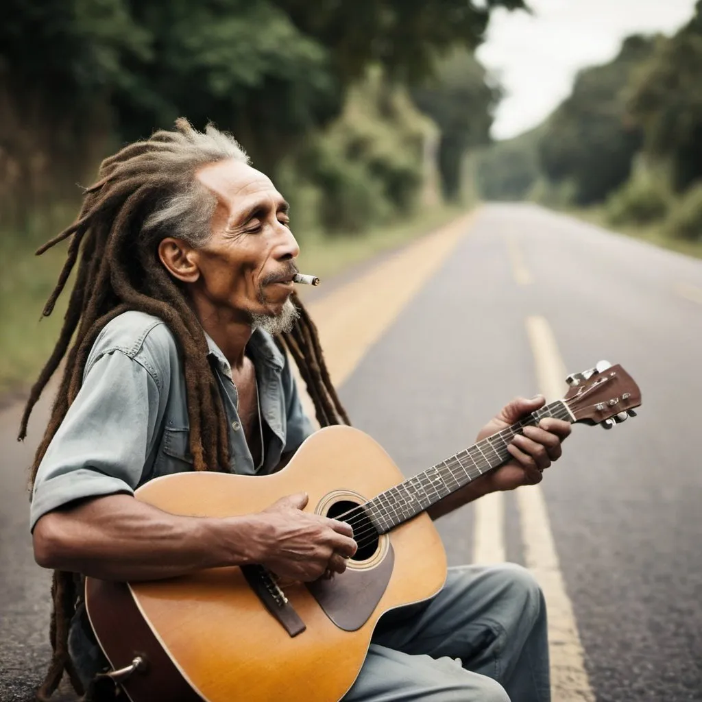 Prompt: an old man with his eyes closed, dreadlocks and a rolled cigarette in his finger, one arm resting on a guitar sitting on the side of the road, his face very similar to a 70s era musician (Bob marley).  shot taken from the side, old style photography