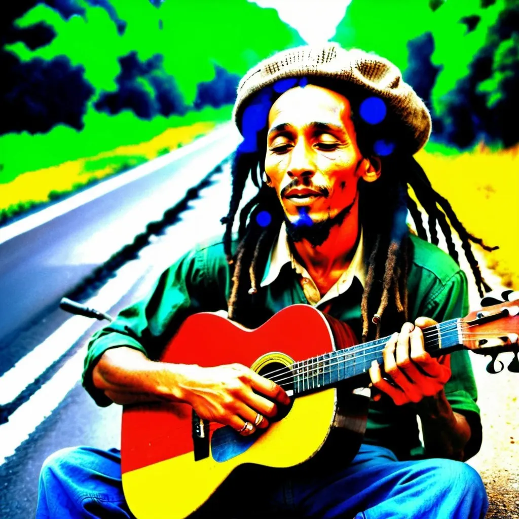 Prompt: an old man with his eyes closed, dreadlocks and a rolled cigarette in his finger, one arm resting on a guitar sitting on the side of the road, his face very similar to a 70s era musician (Bob marley).  shot taken from the side, old style photography