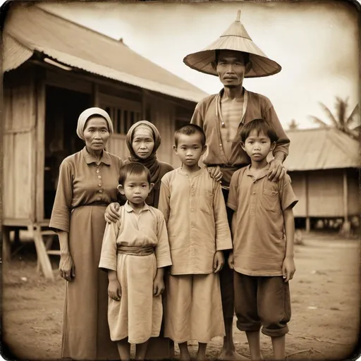 Prompt: Images, showcasing an Indonesian peasant family from the 1930s alongside an alien, all depicted in a sepia-toned, aged photograph style.