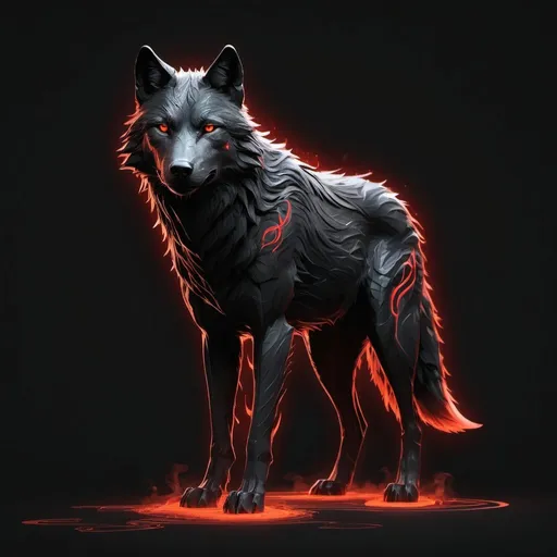 Prompt: "Black wolf standing, red glowing rune patterns, smoke tendrils, line art fusion, bold yet delicate, on a pitch-black backdrop with incandescent highlights, monochrome, clean lines, minimalistic ArtStation concept art, ray tracing, smooth textures, sharp focus, simplistic shapes, ethereal lighting, negative space, core element focus, strategic spacing for depth, tranquil mood, symbolic elements, balanced composition, contrasting textures"