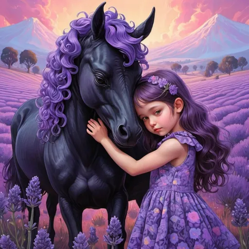 Prompt: Psychedelic Art of Lavender dressed girl hugging a black unicorn