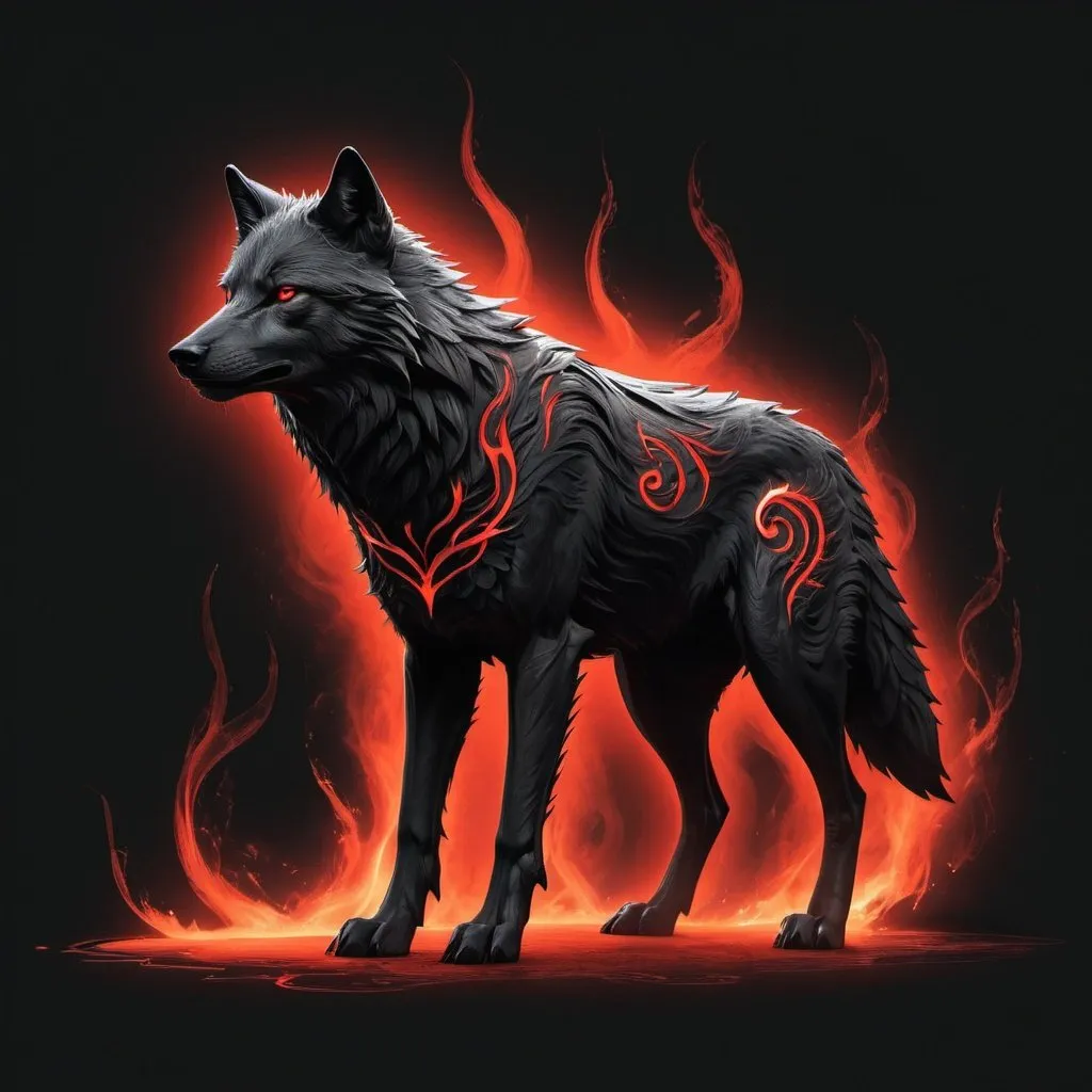 Prompt: "Black wolf standing, red glowing rune patterns, smoke tendrils, line art fusion, bold yet delicate, on a pitch-black backdrop with incandescent highlights, monochrome, clean lines, minimalistic ArtStation concept art, ray tracing, smooth textures, sharp focus, simplistic shapes, ethereal lighting, negative space, core element focus, strategic spacing for depth, tranquil mood, symbolic elements, balanced composition, contrasting textures"