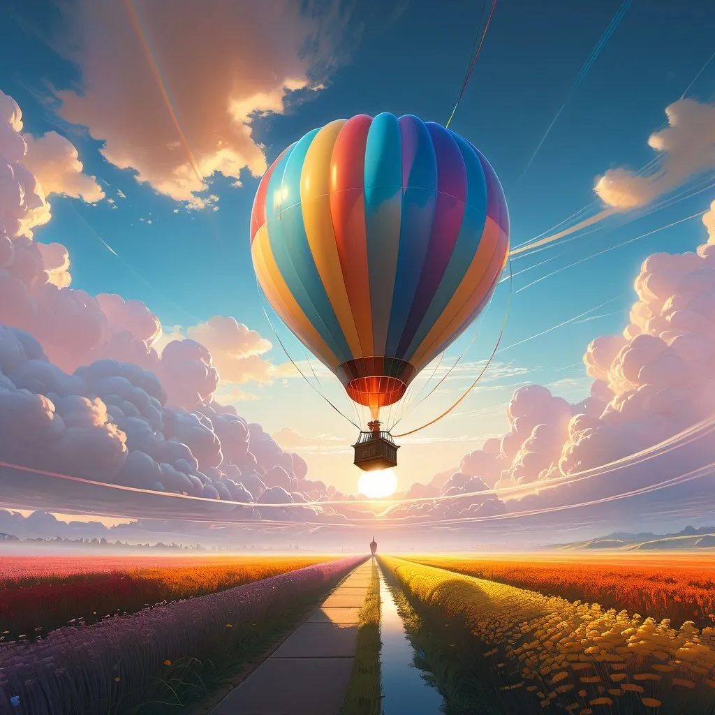 Prompt: A multicolored balloon in low clouds on a beautiful sunny day, sunrays, 8K, beautiful blue sky, cloud trails, cosmic trails 8k, warm colors, bright colors, subtle details, greg rutkowski, trending on artstation, sharp focus, studio photo, intricate details, highly detailed, by greg rutkowski, unreal engine, greg rutkowski, loish, rhads, beeple, makoto shinkai and, tom bagshaw, alphonse mucha, global illumination, detailed and intricate environment