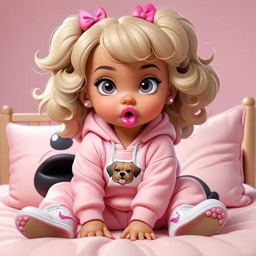 Prompt: create a hyper realistic chibi toddler girl with short blonde curls grey eyes with a pink pacifier in her mouth, wearing a pink Nike sweat outfit, bare feet, trying to lay in her hyper realistic Rottweilers dog bed with the dog