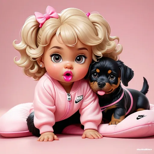 Prompt: create a hyper realistic chibi toddler girl with short blonde curls grey eyes with a pink pacifier in her mouth, wearing a pink Nike sweat outfit, bare feet, trying to lay in her hyper realistic Rottweilers dog bed with the dog