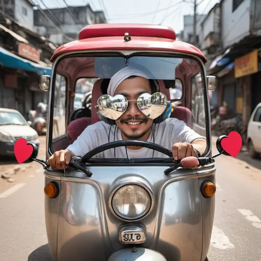 Prompt: Realistic image of a Shiz Tsu wearing headphones and silver mirrored glasses while driving tuk tuk. He is spreading love hearts everywhere