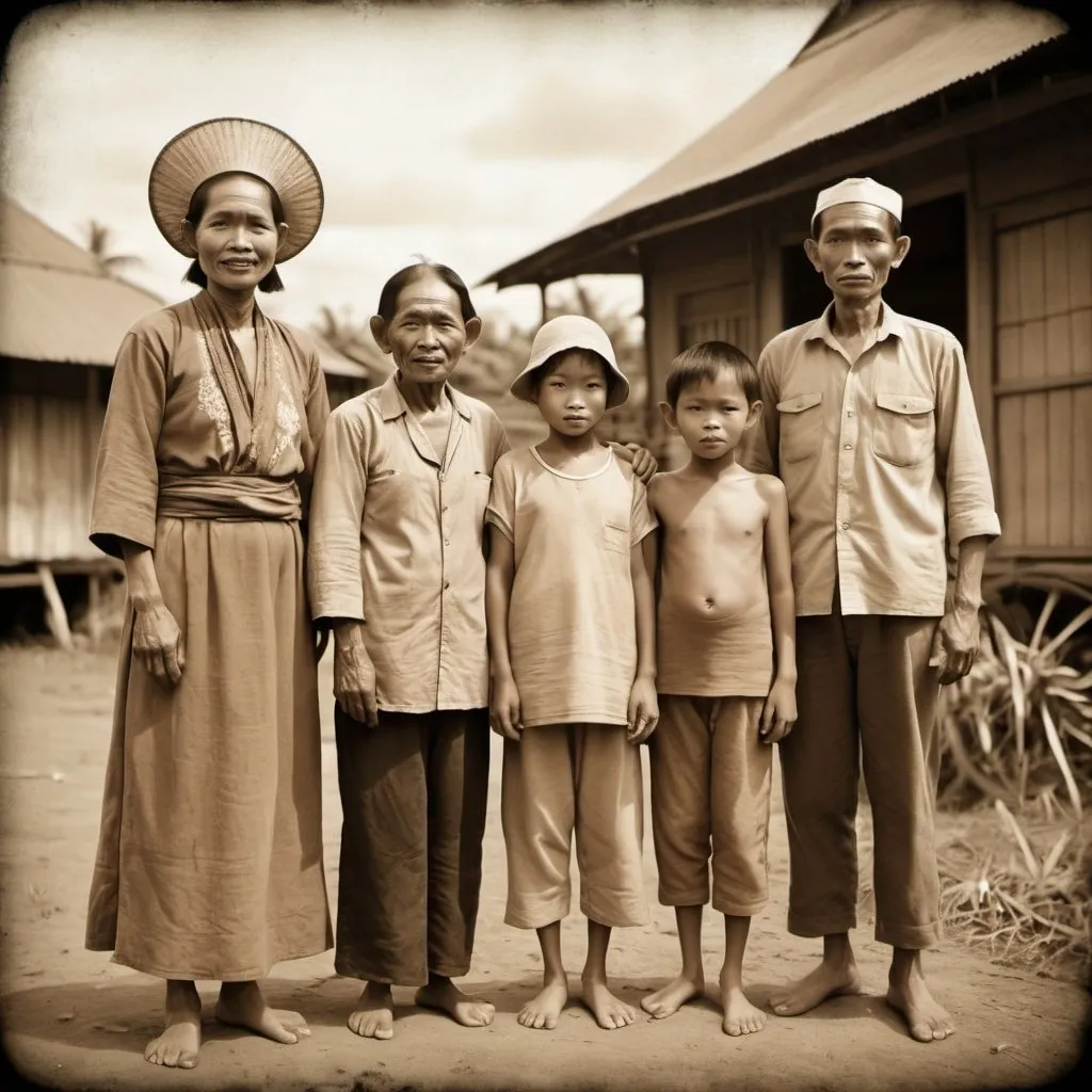 Prompt: Images, showcasing an Indonesian peasant family from the 1930s alongside an alien, all depicted in a sepia-toned, aged photograph style.