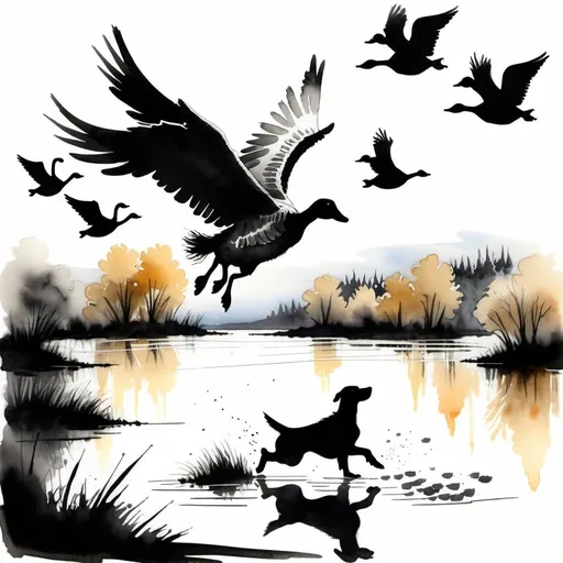 Prompt: A naughty whimsical scruffy dog chasing a pack of geese at a lake, the geese all fly up in the air, squaking and wings out as they lift off. Textured painterly fantasy artistic Cartoon Charcoal sketch loose Watercolour splashes intuitive