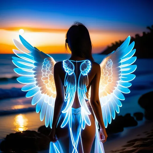 Prompt: A beautiful Indonesian girl in white elegance attire with light painting on her back, the light resembling a pair of angel's wings. The image taken by the shore in blue hour, sun completely set, clear sky with full moon. Taken using Canon EOS 5D Mark IV with slow shutter speed by a professional photographer. Vibrant, vivid, clear, sharp, intricate detail. Serene and tranquil