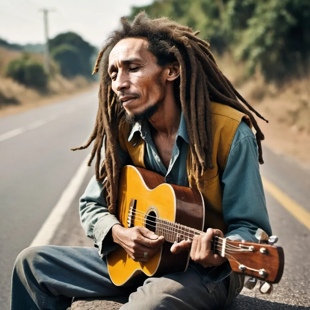 Prompt: an old man with his eyes closed, dreadlocks and a rolled cigarette in his finger, one arm resting on a guitar sitting on the side of the road, his face very similar to a 70s era musician (Bob marley).  shot taken from the side, old style photography