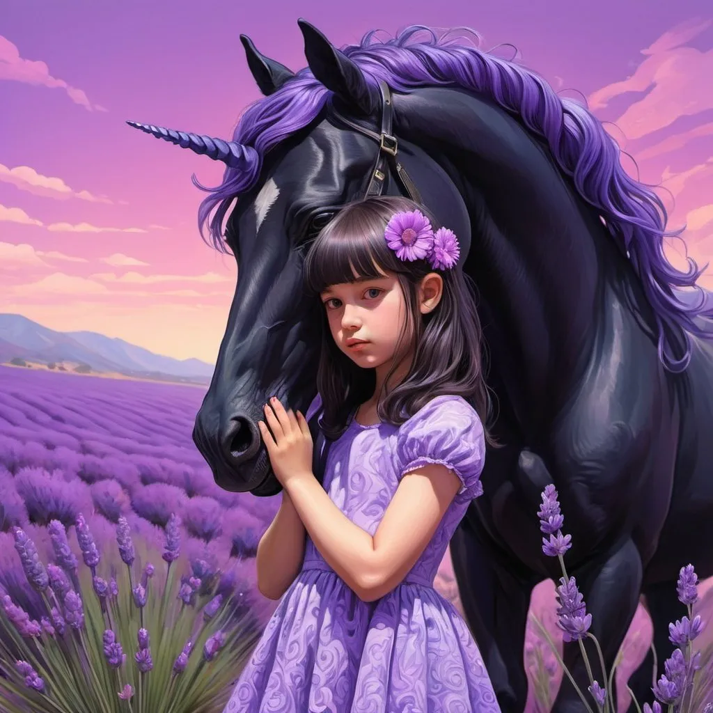 Prompt: Psychedelic Art of Lavender dressed girl hugging a black unicorn