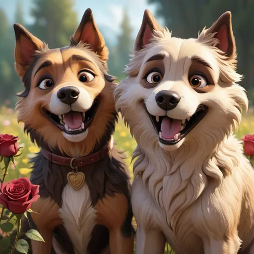 Prompt: Create image featuring two stylized, anthropomorphic dogs with exaggerated facial features that express happiness and camaraderie. The dog on the left has shaggy, dark brown fur, large, round eyes with dilated pupils, and a snout that curves into a relaxed, closed-mouth smile. It appears to rest its elbows forward, supporting its grinning face with upright hands. The dog on the right has bright red, fluffy fur, and its facial expression is wide-eyed and ecstatic with a broad, open-mouthed smile as it holds a single red rose in its teeth. Petals from the rose are scattered around the scene. Both characters have tufts of fur that mimic the appearance of human hair, brows, and beards. The tones used in their fur exhibit soft gradients, adding volume and depth. The background is a soft-focus, pastoral scene, suggesting a grassy meadow with subtle hints of flowers in pastel yellows, pinks, and greens. The lighting of the image is warm, evoking a late afternoon glow that encapsulates the scene in a soft, cheerful ambiance, enhancing the joyful expressions of the characters.
