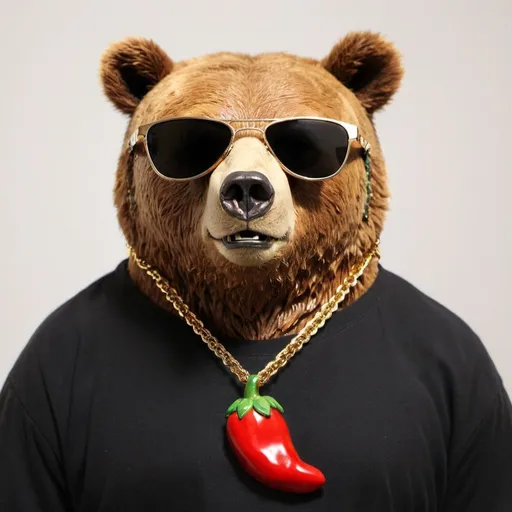 Prompt: bear wearing sunglasses and gold chain that says "get the chili"