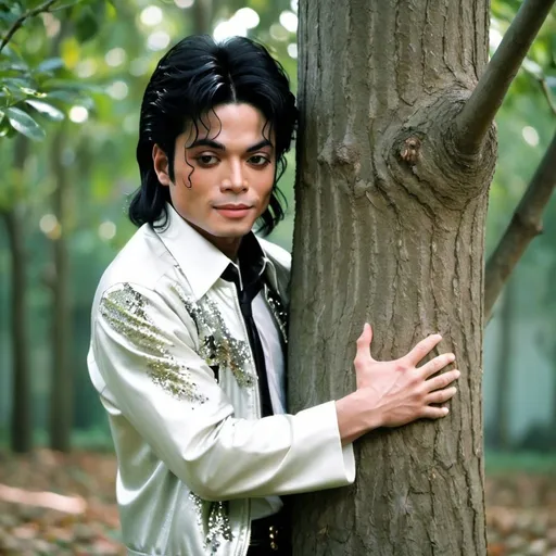 Prompt: asian Michael Jackson hugging a tree