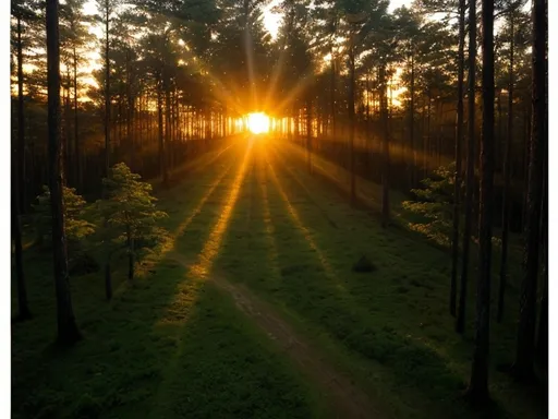 Prompt: top down view of forest with glowing sunset