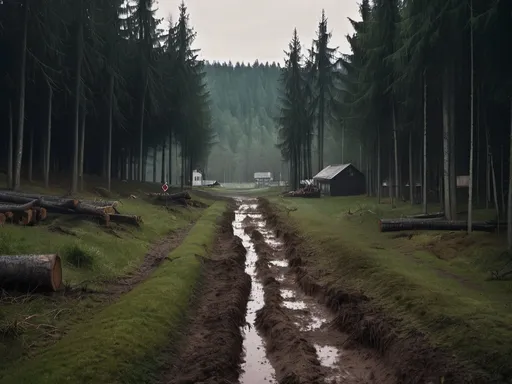 Prompt: small lumberjack town in morning for with a muddy path heading in the direction of a great dark forest.,