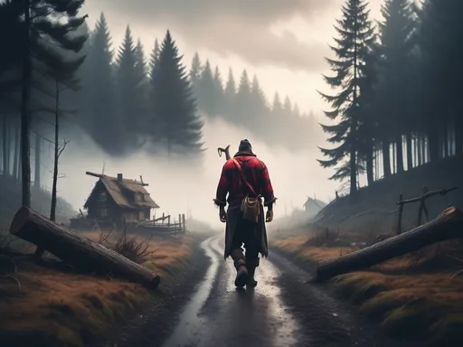 Prompt: fog shrouded forest background, dramatic fantasy lumberjack settlement scene, cinematic lighting, male human lumberjack walking down road from settlement towards forest in background