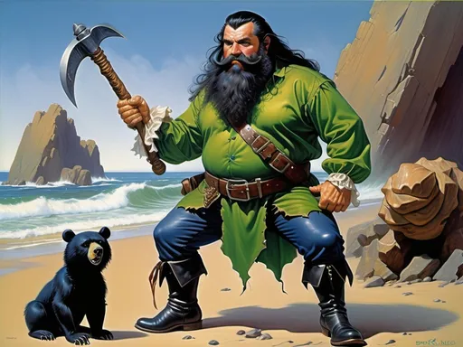 Prompt: style: boris vallejo, male, dwarf, long black hair and bear, has tiny colorful seashells woven into his beard, wears kelly-green silk long sleeved shirt with indigo satin pants, wears knee high black leather boots muddied from travelling, right hand wields a double edged cold iron battle axe and left hand wields a wooden buckler and holds a flaming torch, background: fog shrouded evergreen forest extending to the slopes of the craggy Kronos Mountains of Golarion, sunsets behind mountains
