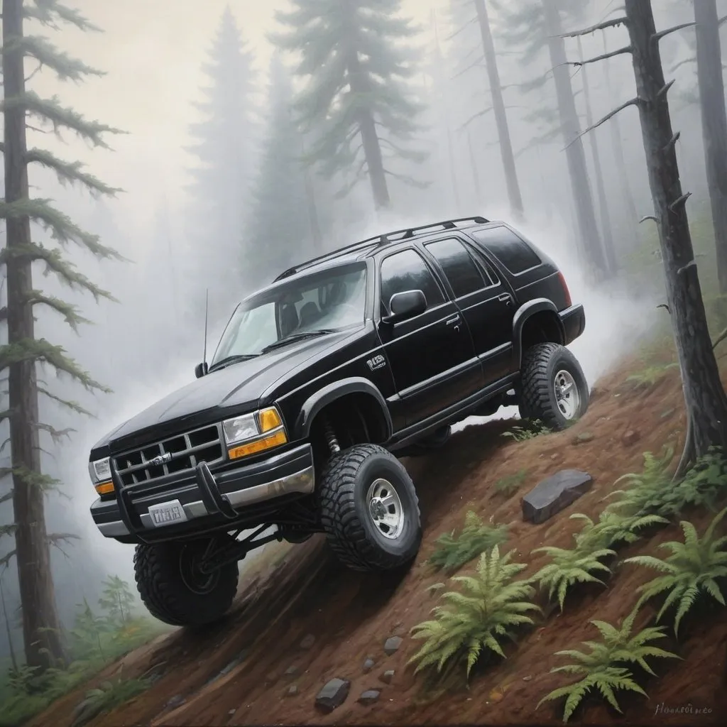 Prompt: Painting of a black SUV tumbling over sideways and down a forested hillside that is covered in fog.