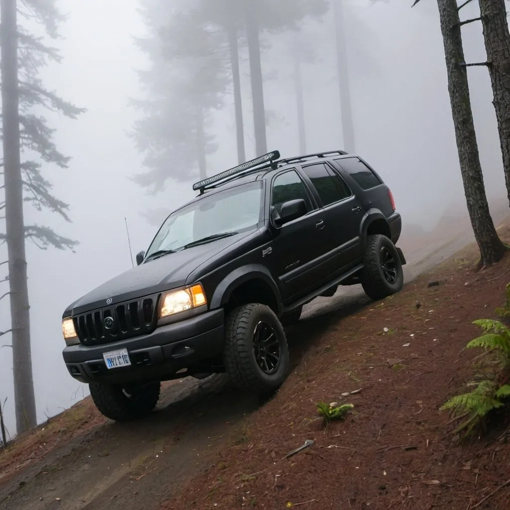 Prompt: An black SUV rolling over sideways and down a forested hillside that is covered in fog.