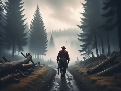 Prompt: fog shrouded forest background, dramatic fantasy lumberjack settlement scene, cinematic lighting, male human lumberjack walking down road from settlement towards forest in background
