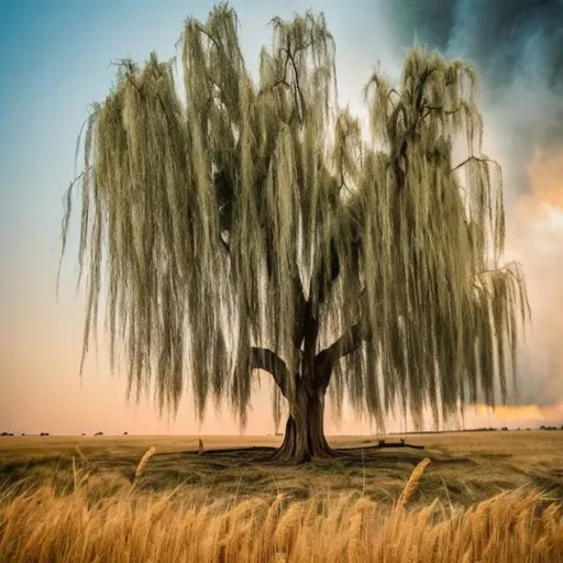 Prompt: old beautiful green big willow tree, trunk is very wide and big. surounded by wheat. Add fire. one field on the right side is completely burnt to the ground. The scene should be sad and dramatic, the storm, lightining far away