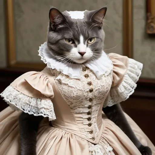 Prompt: Create an image  of Cats in Victorian Dresses: Think elaborate lace, ruffles, and high collars on a fashion show runway 