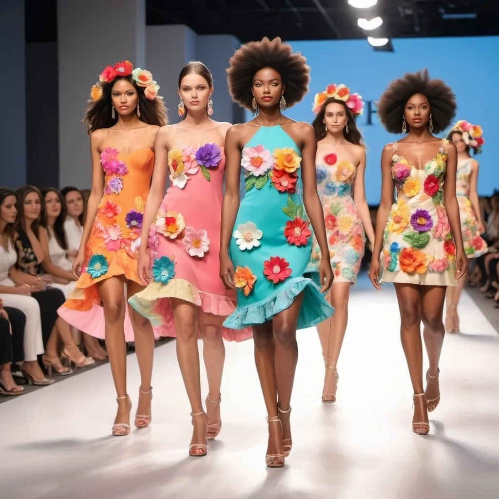 Prompt: Create an image of models in cotoure artistic expression Dresses and tops embellished with 3D floral appliques in bright summer colors walking on a fashion show runway . The runway could be adorned with matching floral decorations to create a cohesive look.