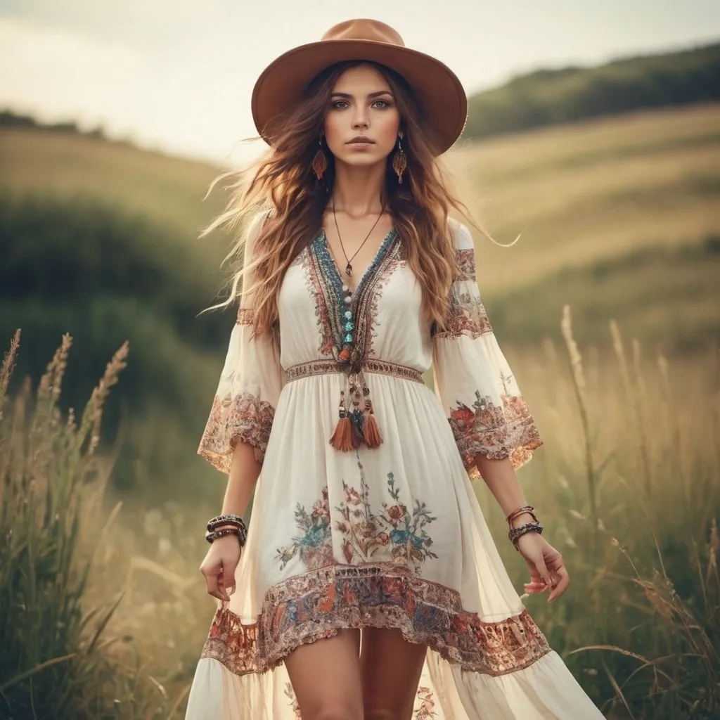 Prompt: Create  an image of a bohemian woman dressed in an elegant couture bohemian summer dress