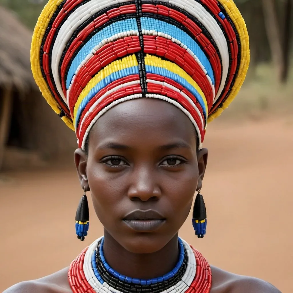 Prompt: .Elaborate headgear or crown crafted from beads, reflecting traditional Maasai styles but reimagined for high fashion.