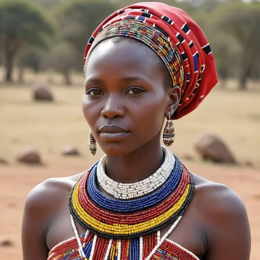 Prompt: Generate  an image of a woman dressed  in an elegant  dress made of beautiful  maasai  beads of different variation and colours incorporate with an modern elegance and creative customised art