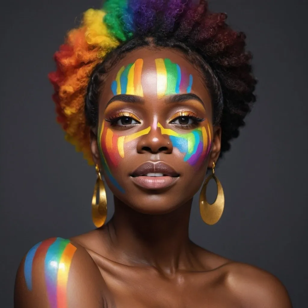 Prompt: Create  an image of a black woman  whose face glows with rainbow  colours and  a touch of gold