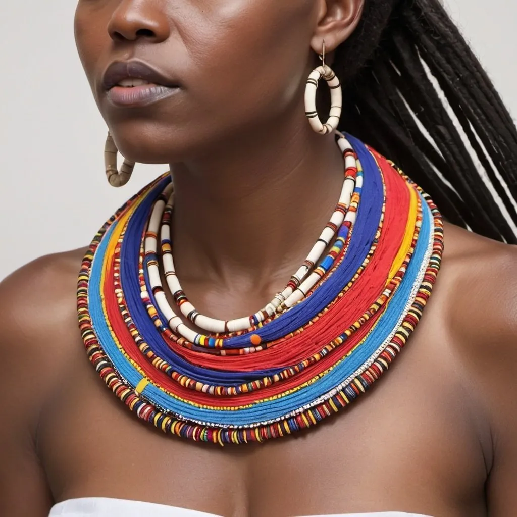 Prompt: Craft multi-layered necklaces using strips of Maasai fabric adorned with beads and cowrie shells traditionally used in Maasai jewelry.
Experiment with asymmetrical lengths and layering to create a dynamic and eye-catching look.
Integrate metal elements such as hammered metal plates or modern pendants that contrast with the colorful fabric to add a modern touch.