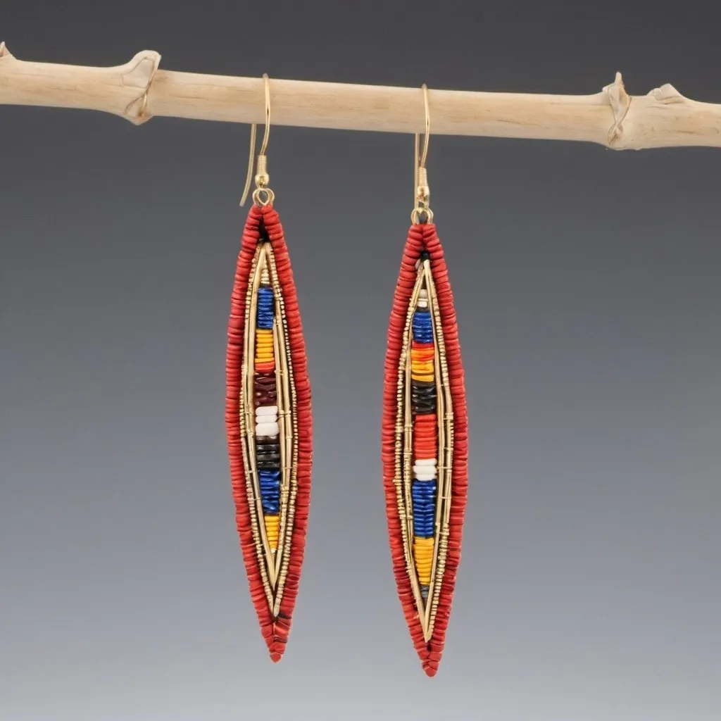 Prompt: Dangle earrings with elongated designs and Maasai bead accents, perfect for adding flair to evening wear.