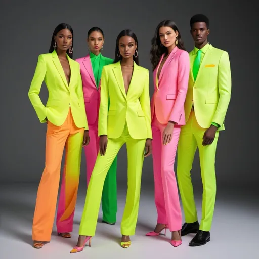 Prompt: Create an image of models in cotoure artistic expression collection featuring different outfits official suit wears highlighter hues—neon yellow, pink, green, and orange. The designs should be modern and sleek, with clean lines and minimalistic cuts, making the colors stand out even more walking on a fashion show runway 