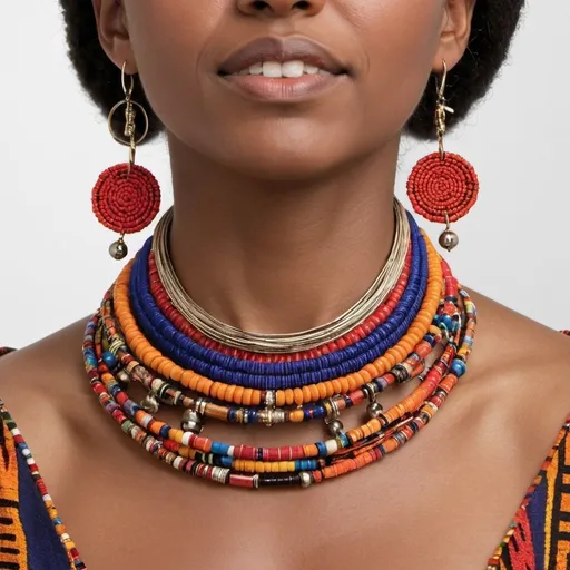 Prompt: Create convertible jewelry pieces that can be worn in multiple ways, such as earrings that can detach a part to transform into a pendant for a necklace.
Use Maasai fabric as the central element that ties different components of the jewelry together, such as beads, metals, and fabrics from other cultures for a global fusion.