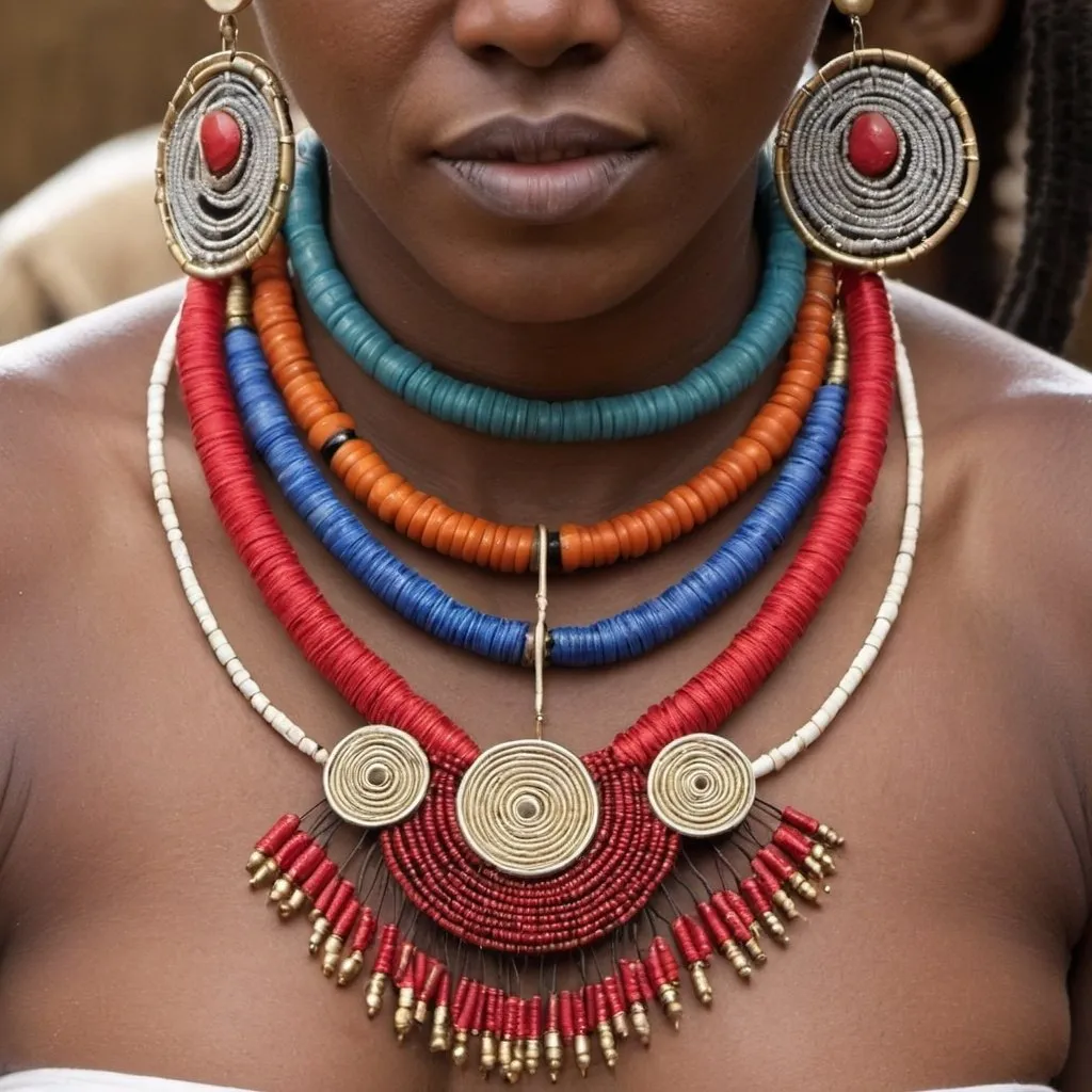 Prompt: that can be worn in multiple ways, such as earrings that can detach a part to transform into a pendant for a necklace.
Use Maasai fabric as the central element that ties different components of the jewelry together, such as beads, metals, and fabrics from other cultures for a global fusion.