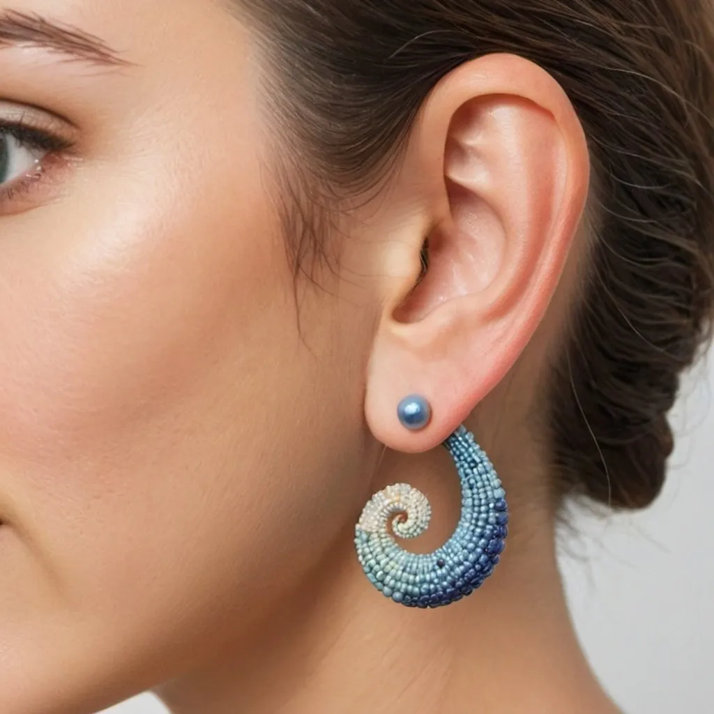 Prompt: Design earrings that climb up the ear using a series of beads in a gradual pattern. This modern style emphasizes the natural curve of the ear.

