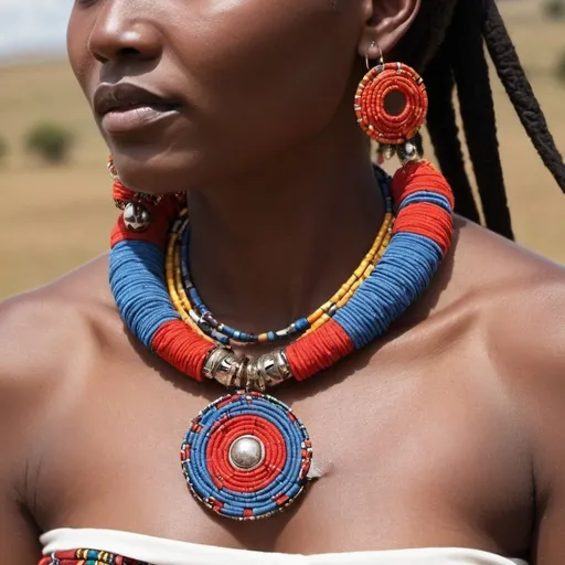 Prompt: that can be worn in multiple ways, such as earrings that can detach a part to transform into a pendant for a necklace.
Use Maasai fabric as the central element that ties different components of the jewelry together, such as beads, metals, and fabrics from other cultures for a global fusion.