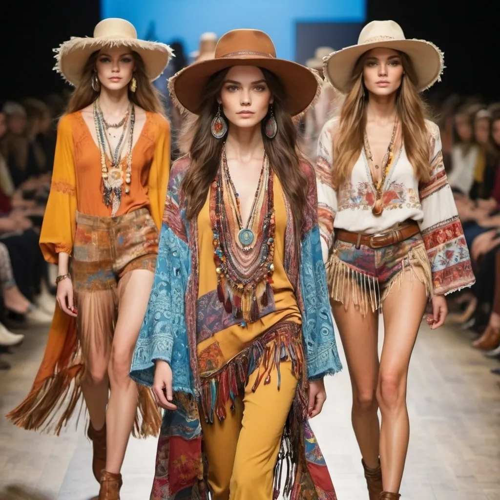 Prompt: Create full image of Models  in different  bohemian-style outfit featuring a mix of colorful patterns and textures. Think fringe, beads, and wide-brimmed hats, all in warm, sunny hues walking on a fashion show runway 