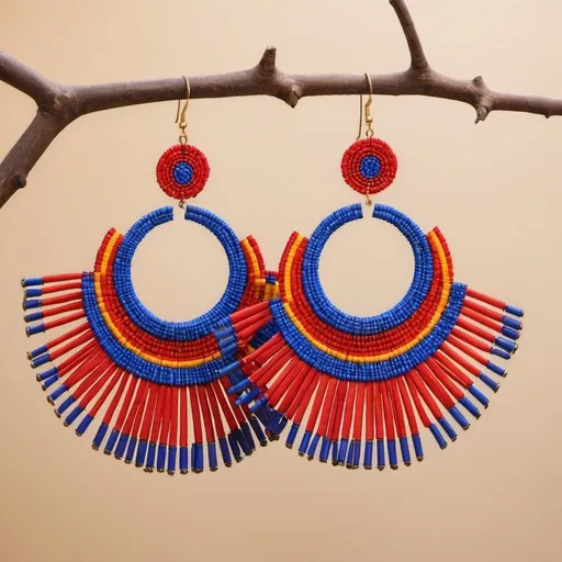 Prompt: Design oversized hoop earrings or chandelier-style earrings using vibrant Maasai shuka fabric.
Incorporate traditional Maasai beadwork into the earrings, either as a fringe or as intricate patterns embedded within the fabric.
Combine with modern elements like geometric metal shapes or minimalist settings to create a fusion of tradition and contemporary design