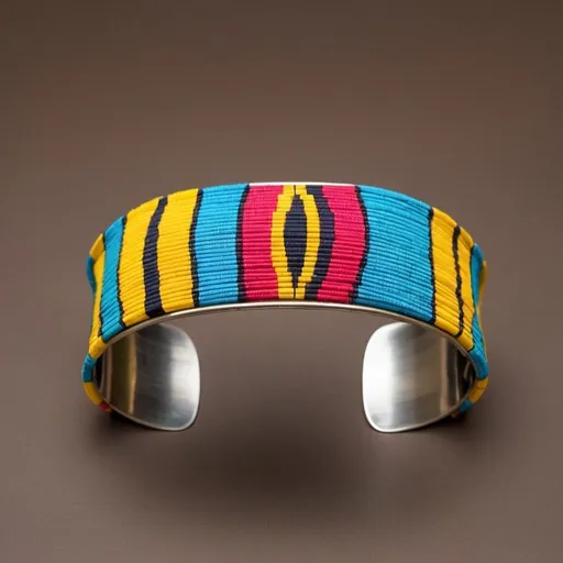 Prompt: Design cuff bracelets using Maasai fabric wrapped around a metal base, ensuring a snug fit that highlights the vibrant colors and patterns.