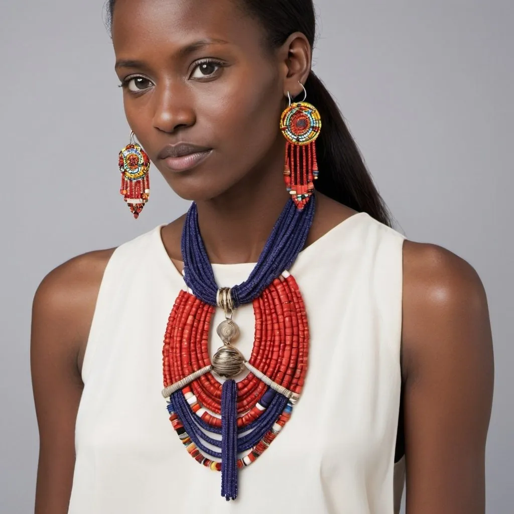 Prompt: Create convertible jewelry pieces that can be worn in multiple ways, such as earrings that can detach a part to transform into a pendant for a necklace.
Use Maasai fabric as the central element that ties different components of the jewelry together, such as beads, metals, and fabrics from other cultures for a global fusion.