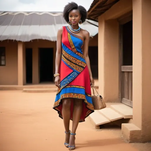 Prompt: Design a cocktail dress with an asymmetric hemline using layers of Maasai fabric, allowing different patterns and colors to peek through.
Embellish the dress with asymmetrical Maasai beadwork along the neckline or hem for a dynamic and eye-catching effect.
Opt for a modern, tailored fit to complement the traditional fabric and jewelry elements, ensuring a blend of elegance and cultural richness.