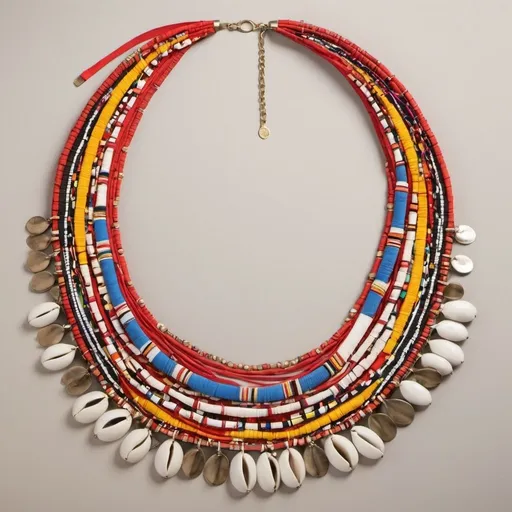 Prompt: Craft multi-layered necklaces using strips of Maasai fabric adorned with beads and cowrie shells traditionally used in Maasai jewelry.
Experiment with asymmetrical lengths and layering to create a dynamic and eye-catching look.
Integrate metal elements such as hammered metal plates or modern pendants that contrast with the colorful fabric to add a modern touch.