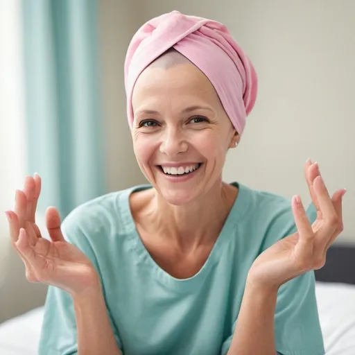 Prompt: Create  an image of a cheerful cancer patient  showing self care